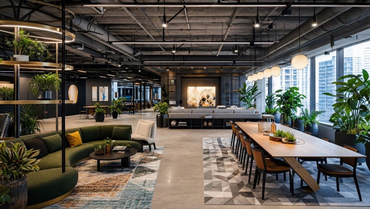 Design concept: creative open-plan office with lounge seating and greenery