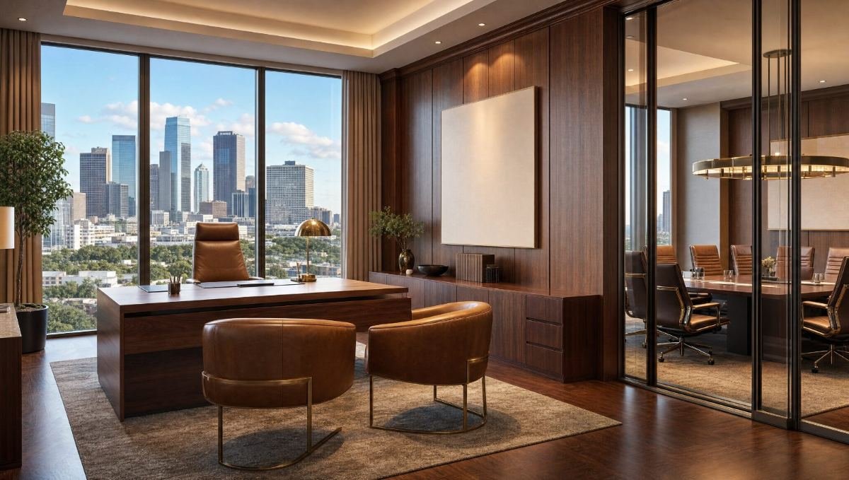 Design concept: warm executive office with walnut paneling and a conference room