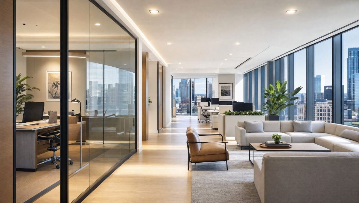 Design concept: modern professional office suite with glass-walled offices